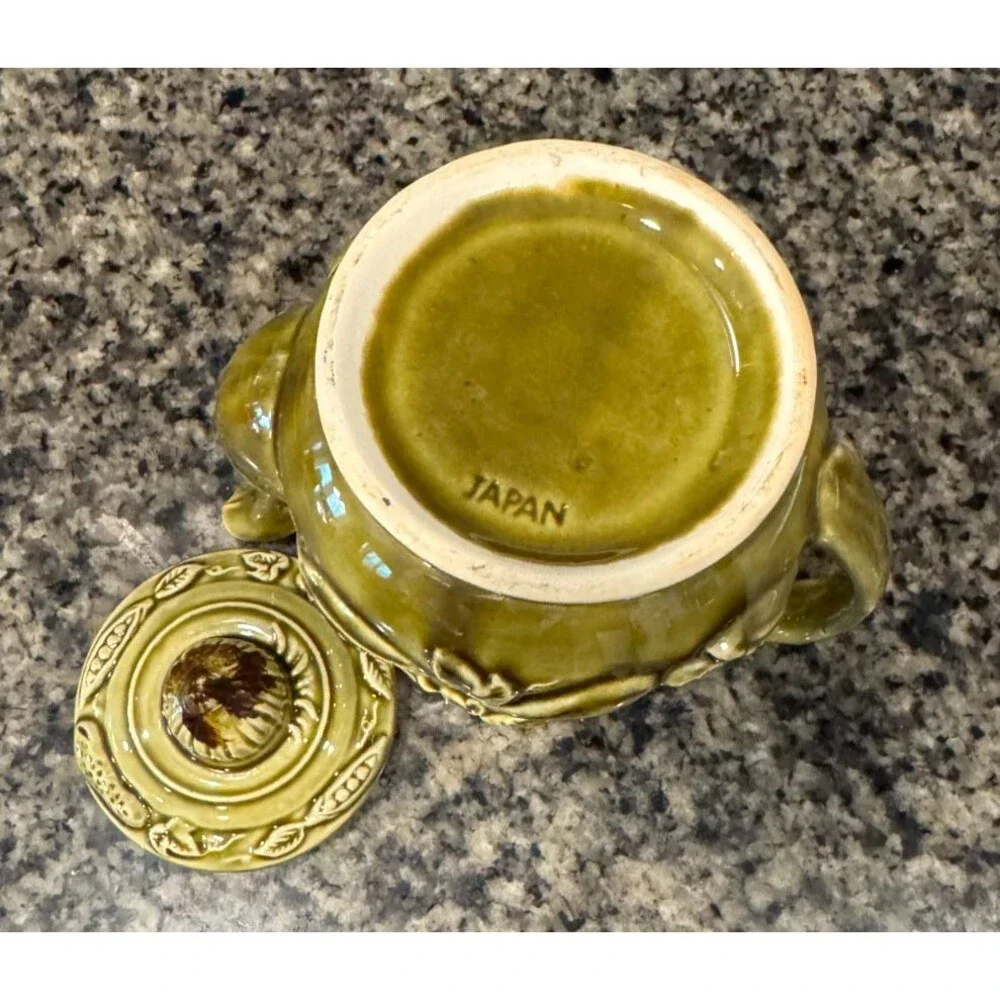 Vtg MCM Tilso Avocado Green Glazed Fruit Motiff Ceramic Tea Pot w Lid Japan